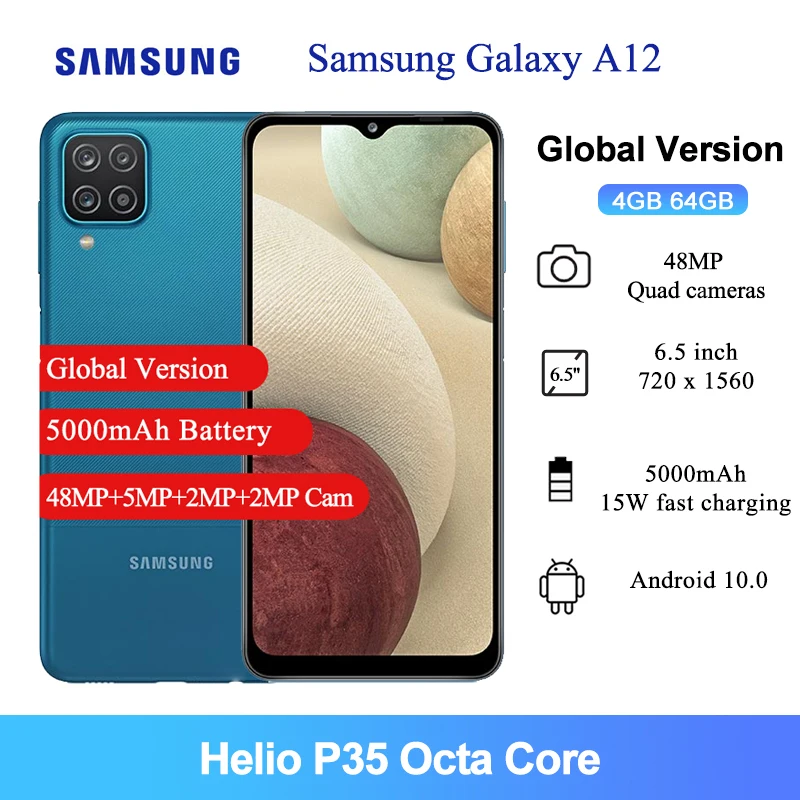 Samsung galaxy a12 versão global telefone móvel 6.5 polegada helio p35 octa núcleo 8mp câmera frontal 5000mah 64gb 4gb ram smartphone