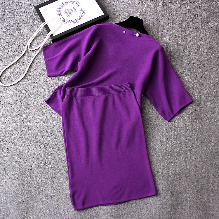 Autumn 2 Piece Outfits for Women Knitted Suit Top+skirt Set Purple Female Knitwear Bodycon Skirt Suits Two Piece Sets