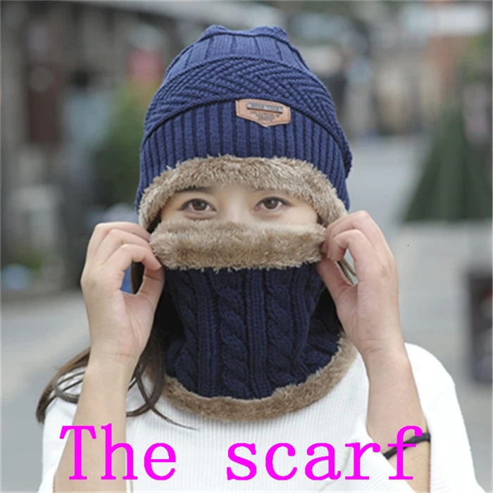 Women Scarf Hat Sets Ma'am Wool Hat Windbreak Knitting Hat Warm Increase Cashmere Thickness Scarf Integral Triangle Mark Set Hat - Color: navy blue scarf