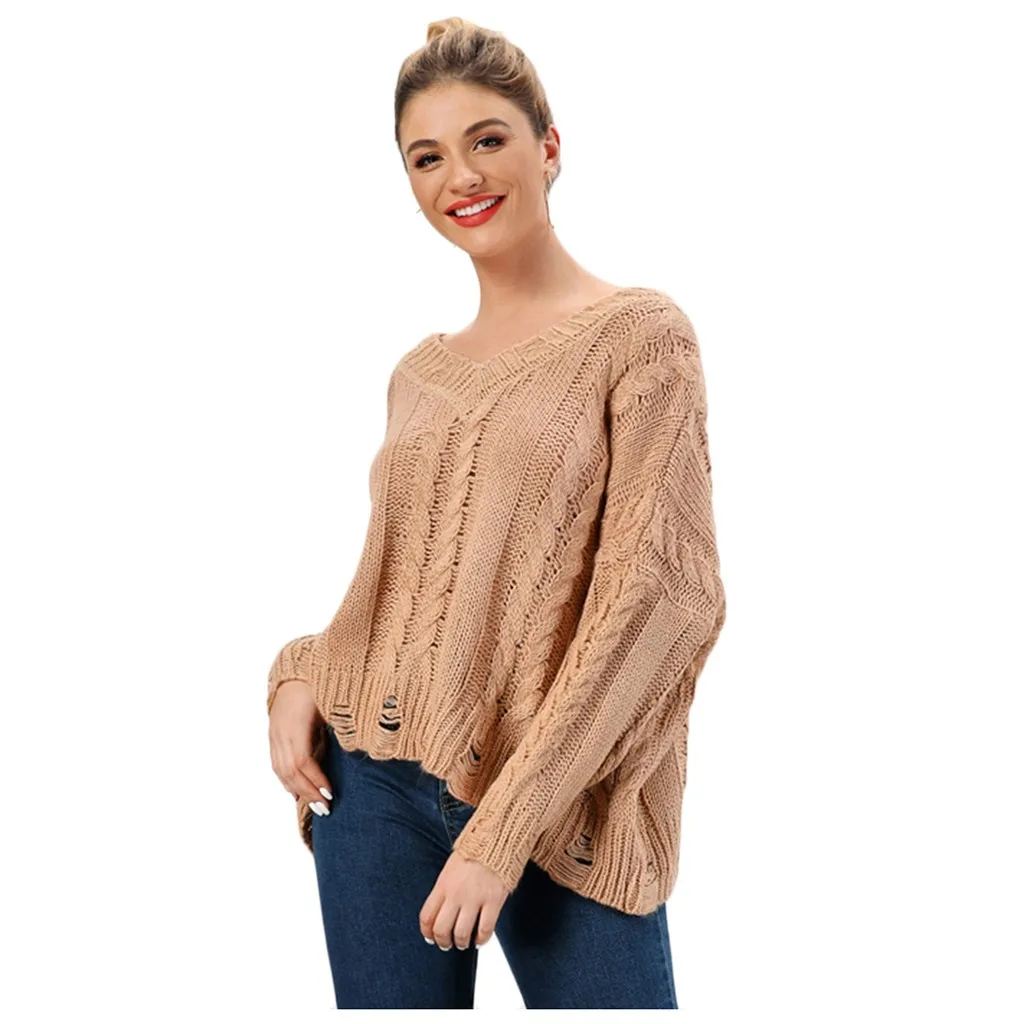 Pull femme nouveaute женский свитер с v-образным вырезом и отверстиями трикотажный пуловер с длинными рукавами Повседневные топы Джерси mujer