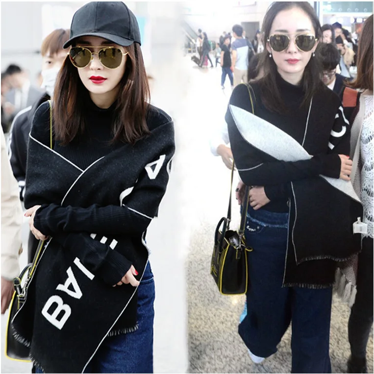 

2019 Autumn and Winter Airport Same Black Letter Scarf Fashion Shawl Dual-purpose Cashmere Like Fringe Scarf