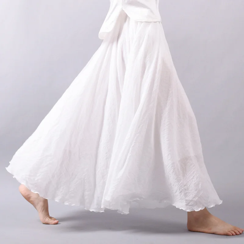 2020 Women Linen Cotton Long Skirts Elastic Waist Pleated Maxi Skirts Beach Boho Vintage Summer Skirts Faldas Saia 3