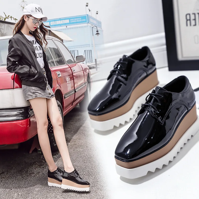 British style brogues women square toe platform shoes lace up patent leather muffins solid color creepers derby shoes for woman women oxford shoes