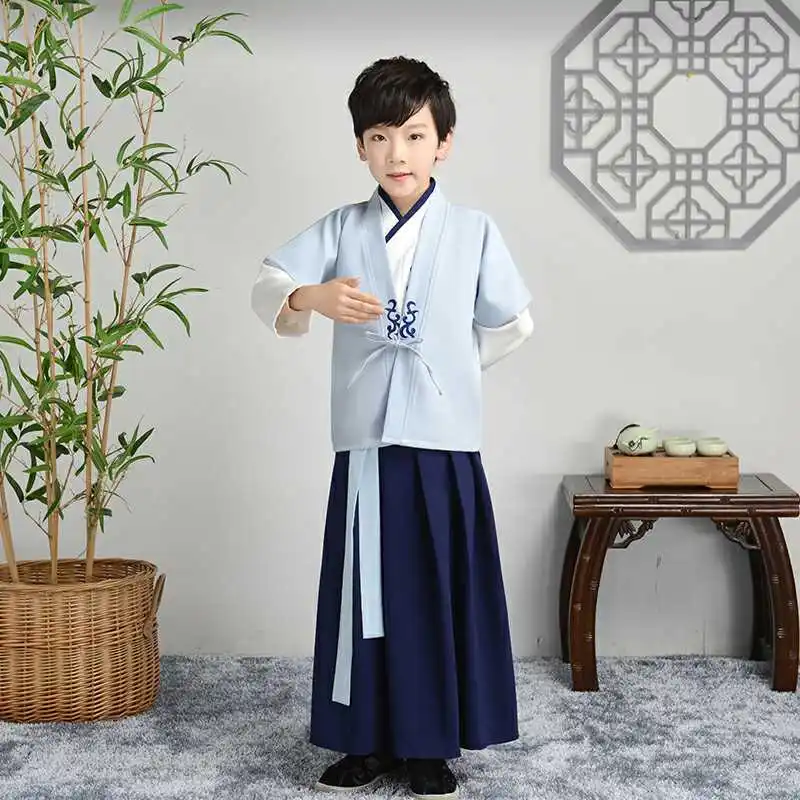 boy 2 Han Fu/комплект из 2 предметов для мальчиков и девочек, Детский костюм с драматургическим платьем Традиционный китайский костюм для древних студентов театральный Халат Одежда для танцев - Цвет: boy 2