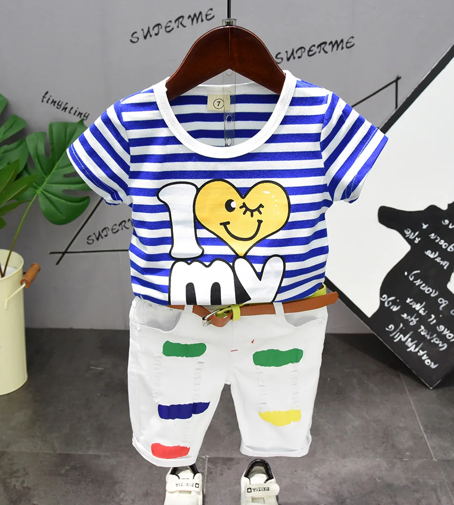 Zhao Overflow Childrenswear Summer Children New Style Stripe Short Sleeve Aa503 with Bermuda Shorts Aq851