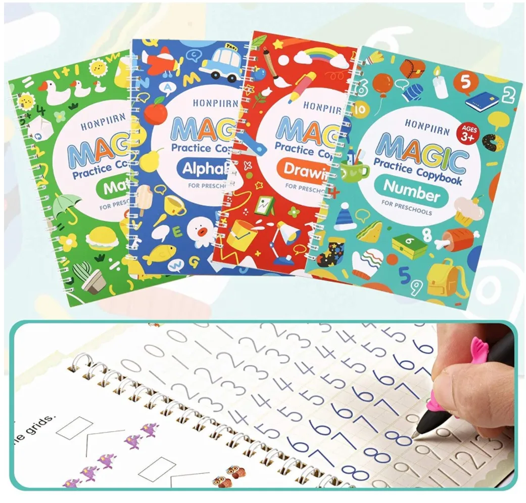 Libro de aprendizaje de pintura en inglés para niños, libro de práctica reutilizable, para escritura de caligrafía, juguete de escritura en inglés, 4 libros