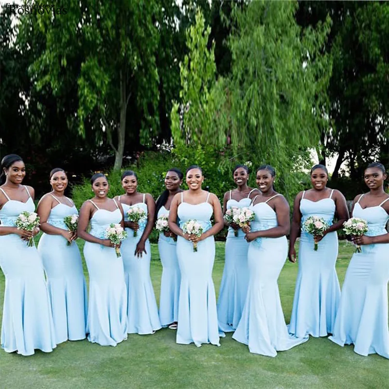 

Arabic Boho Mermaid Bridesmaid Dresses 2020 Spaghetti Strap Backless Sweep Train Wedding Guest Maid Of Honor Gowns Plus Size