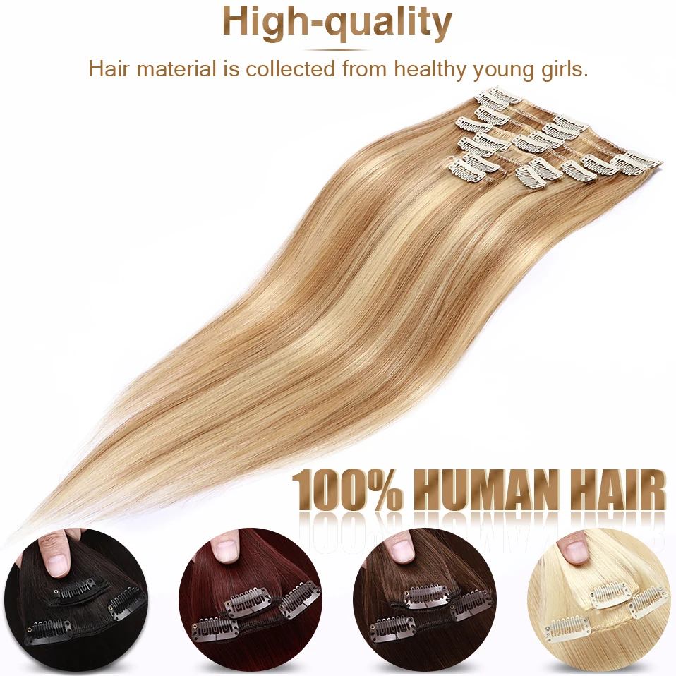 Human Hair Extensions 8Pcs 65g-120g 8"-24" 100% Natural Extension Hair Clip Brown Full Head In Hairpiece