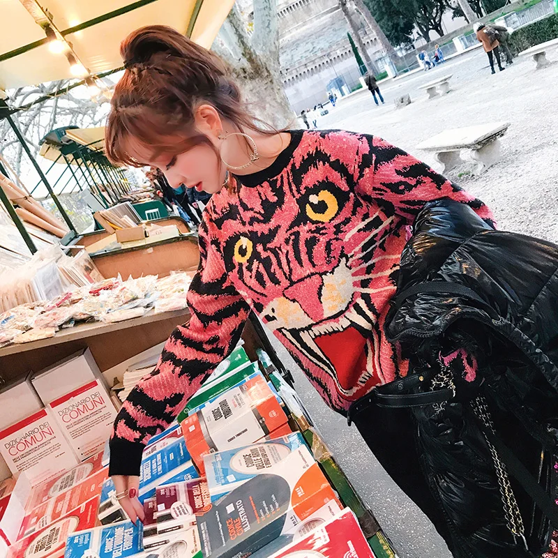 Подиум женский свитер Pull Jumpers Повседневный вязаный свитер Тигры Pull Femme Harajuku уличная одежда зимние топы C-410