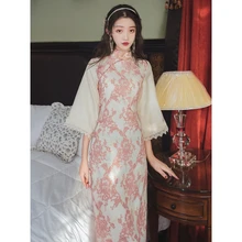 NOVEDAD DE VERANO 2020, vestido Cheongsam chino tradicional bordado mejorado, vestido aristocrático de manga de burbuja Vintage Delgado