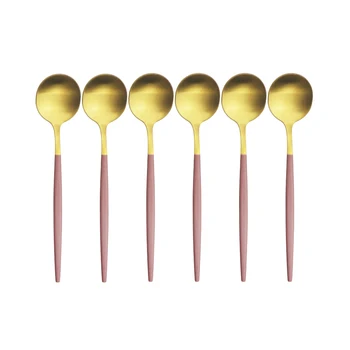 

6Pcs Pink Gold Spoon Set Matte Stainless Steel Soup Spoon Dinner Set Coffee Scoop Cake Fruit Spoon Salad Dinnerware Flatware Set