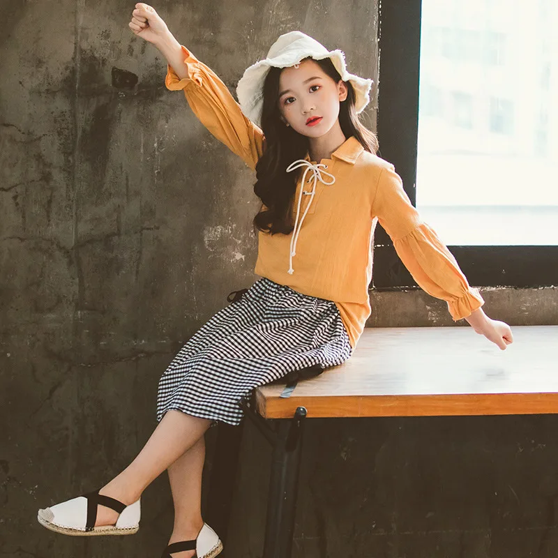 

Teenage Girl Clothing Set Fashion Solid Yellow Long Sleeve T-shirt + Striped Skirt Kids Lovely Suit For Girls 8 9 10 11 12 Years