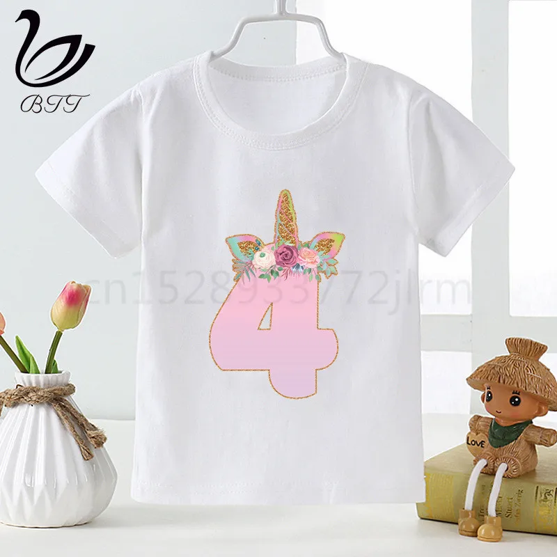 Детская футболка с изображением Number1-9 и единорога на день рождения; детская футболка с принтом с героями мультфильмов; Забавные топы для детей; одежда для малышей - Цвет: D