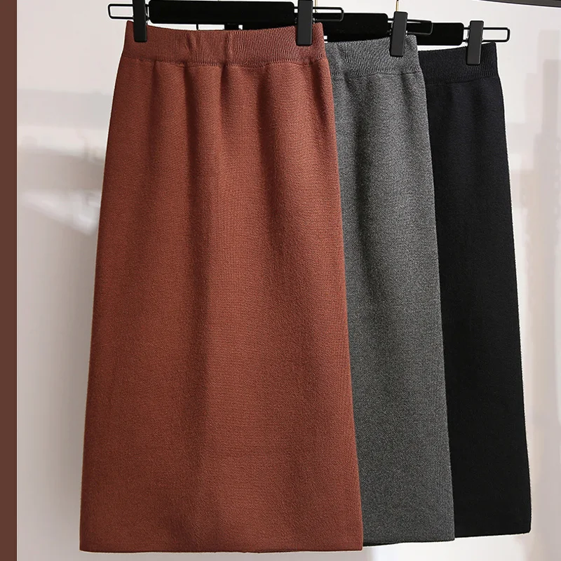 Офисная Женская эластичная осенне-зимняя теплая юбка с высокой талией однотонный цветной карандаш женские элегантные трикотажные облегающие прямые тонкие юбки