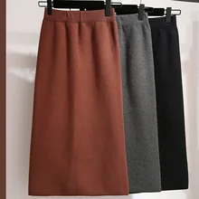 Офисная Женская эластичная осенне-зимняя теплая юбка с высокой талией однотонный цветной карандаш женские элегантные трикотажные облегающие прямые тонкие юбки
