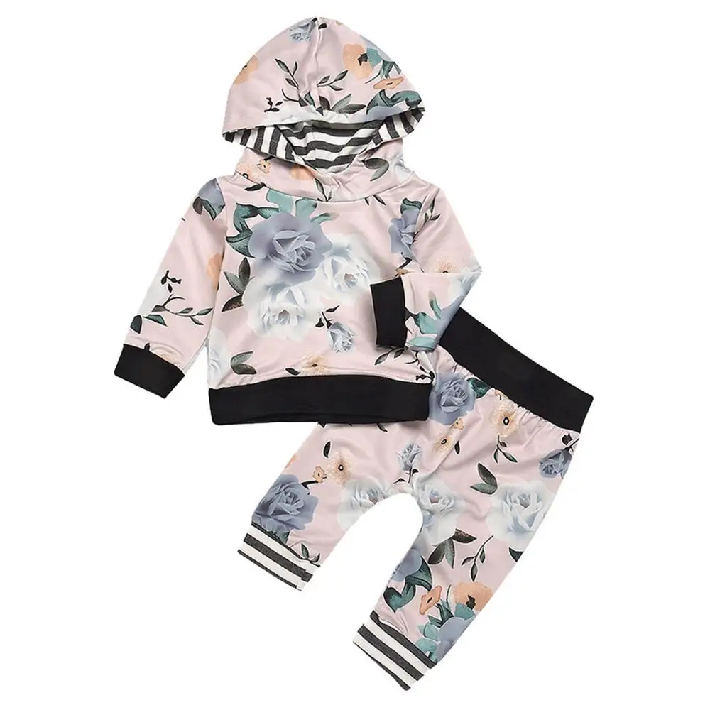 

Cute Baby Girl Clothes Infant Girls Letter Long Sleeve Striped Leaf Print Hooded Tops +Pant Outfit Casual Newborn Clothes bebes