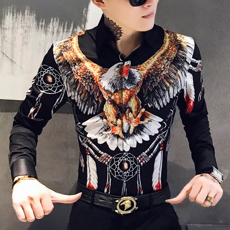 

Shirt Men Autumn Fashion Short Sleeve Slim Fit Men Shirt Camisa Masculina 2020 Casual Eagle Print Streetwear Mens Social Shirts