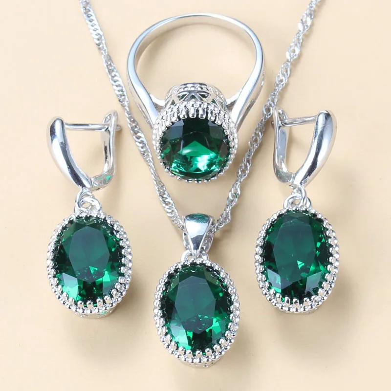 8-Colors 925 Silver Women Bridal Jewelry Sets Green Stone Zircon Earrings/Necklace And Ring bridal jewelry sets