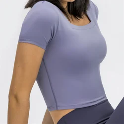 Nepoagym WILLPOWER Crop Women's Tops with Built In Bra Short Sleeve Brushed Summer Tops Square Neck Compression Sport Shirts