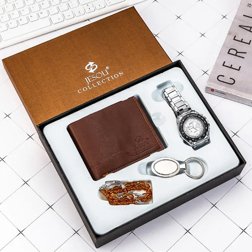 

Mens Leather Wrist Watch Gift Set Wallet Large Dial Quartz Watch Bracelet Keychain Gift for Dad Husband Boy Friend Reloj Hombre