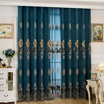 

Luxury Elegant European high quality chenille embroidered villa curtains for living room windows Bedroom Blackout Curtain Tulle