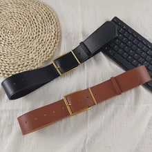 Women's Fashion Black Wide Belt Square Pin Buckle Imitation leather Waist Strap Decorative Coat Dress Simple Dress Waistband