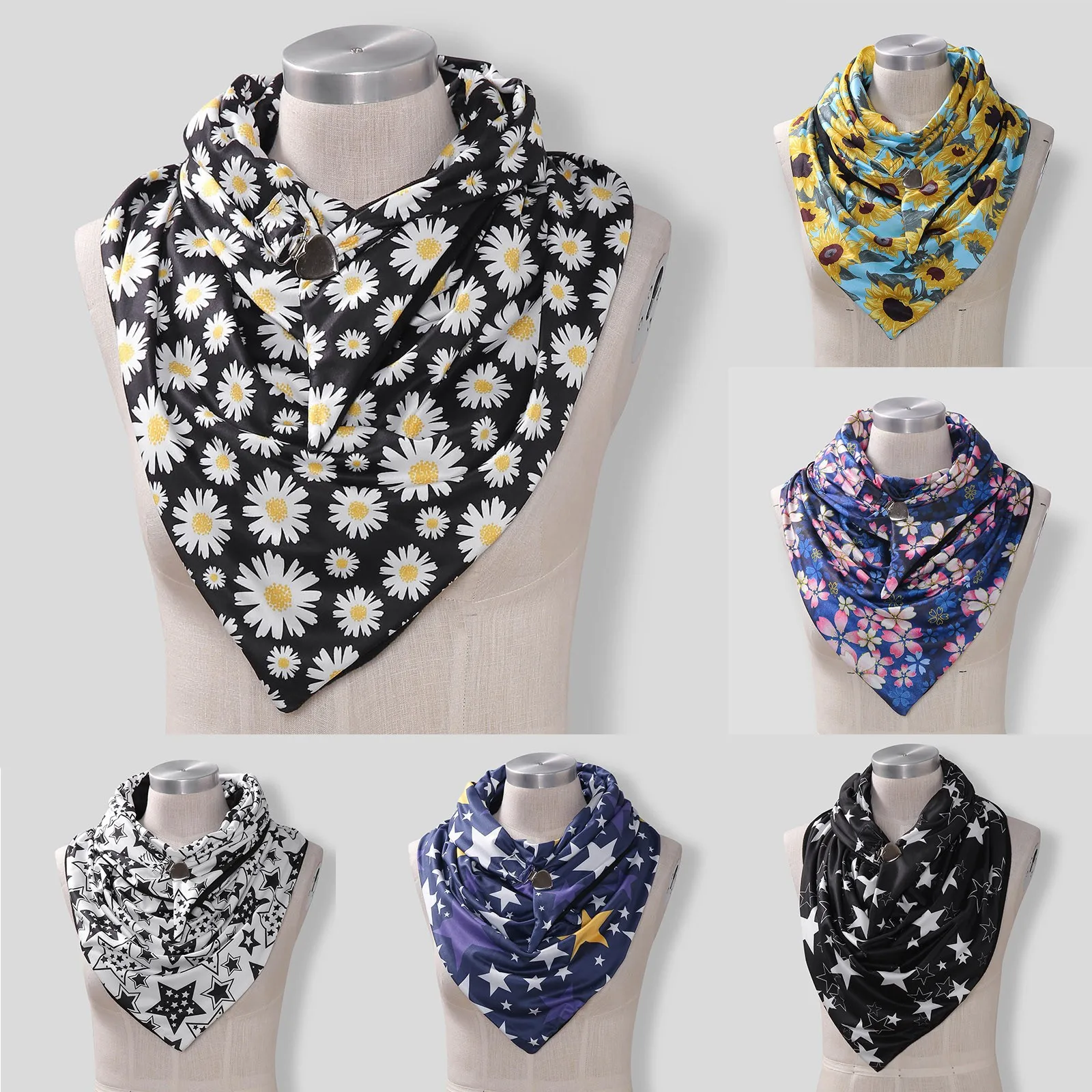 

New Scarf Women Cotton Autumn Winter Warm Windproof Star Daisy Flowers Prints Double-Layer Buckle Scarve Shawls q5