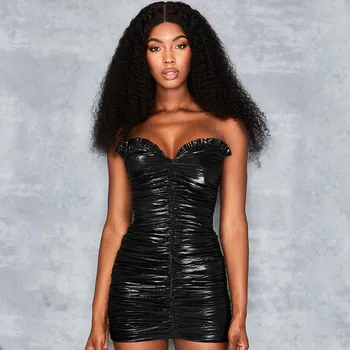 

Meyoung PU Leather Party Dress Women Bodycon Sexy Dress Bustier Ruched Robe Femme Vestido Autumn Christmas Dress Lustrous Night