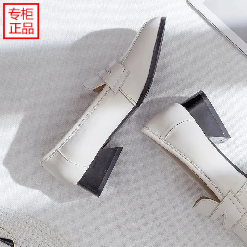

2019 Autumn Genuine Leather Square Head Korean-style Simple Loafers Women's, White Low Heel Shoes Elegant Chunky-Heel Lazy Small