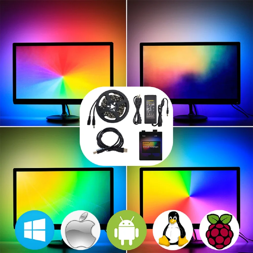 DIY, Ambilight, HD, ТВ, настольный ПК, экран мечты, USB, Светодиодная лента, набор, HD ТВ, компьютерный монитор, подсветка, 1 м, 2 м, 3 м, 4 м, 5 м, WS2812B, светодиодная лента