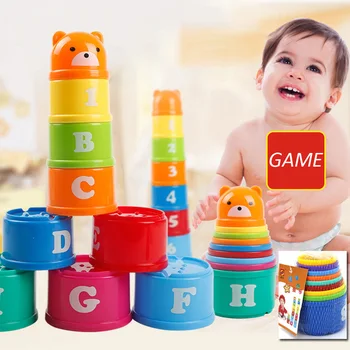 

Children's Blocks+mesh bag,baby toy numbers digital letter folding stack cup tower early childhood intelligence toys hand