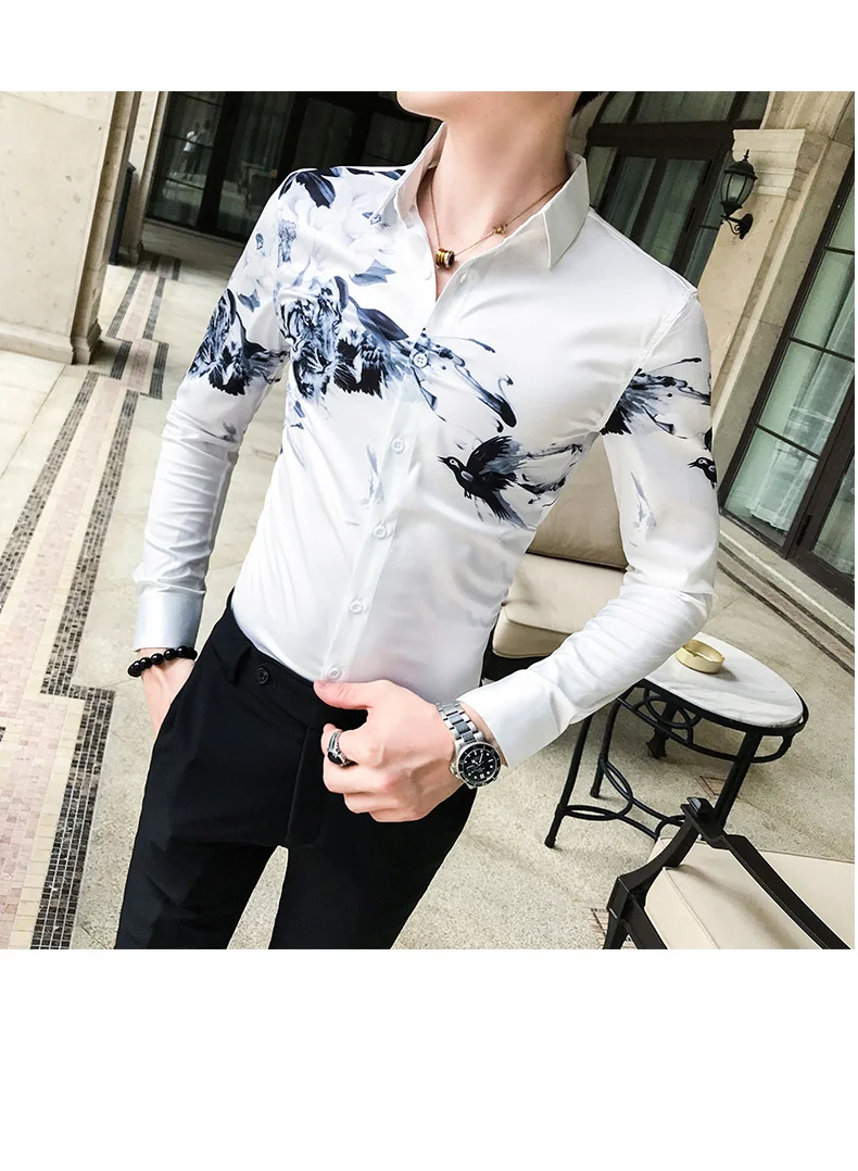 Китайский стиль мужской рубашки с длинным рукавом Slim Fit рубашки с модным принтом Повседневная рубашка мужская уличная одежда Женская