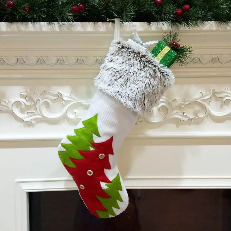 2x Christmas Socks Pendant Ornaments Cloth Small Boots Stockings Tree Print Gift Bag Party Home Decoration Supplies 634E