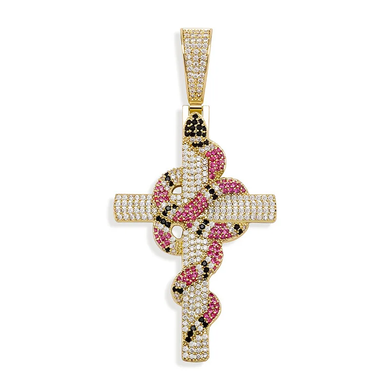 

Lucky Sonny Full CZ Iced Cross With Snake Rose Gold Silver Color Hip Hop Bling Pendant Necklace Women Men Luxury Custom Jewelry