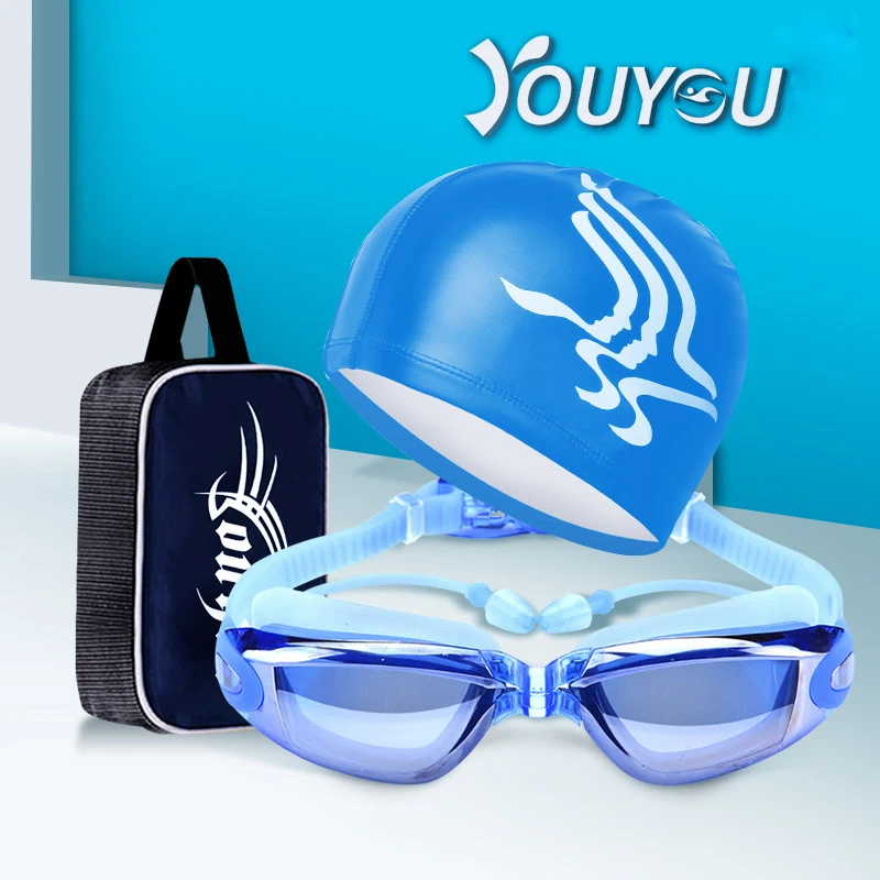 Lens plating blue Очки для плавания+ шапочка для плавания+ чехол+ зажим для носа+ беруши+ сумка для плавания без протекания, анти-туман, УФ-защита, очки для плавания для взрослых мужчин и женщин - Цвет: Lens plating blue