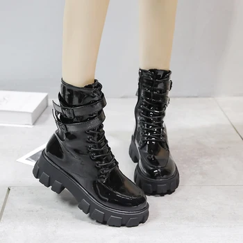 melhor 2020 Outono Botas De Tornozelo Botas De Plataforma Feminina Sola De Borracha Fivela De Couro Preto Plutônio Sapatos De Salto Alto Mulher Confortável Sapatos Goth