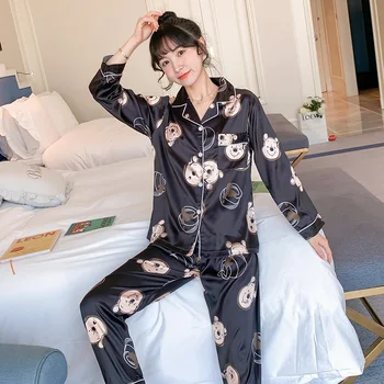 

EJIAMEIJR silk pajamas wholesale Womens Comfortable Pajama Sets Girl Pyjama Set Long Sleeve Sleepwear Suit Women Nightshirt Sets