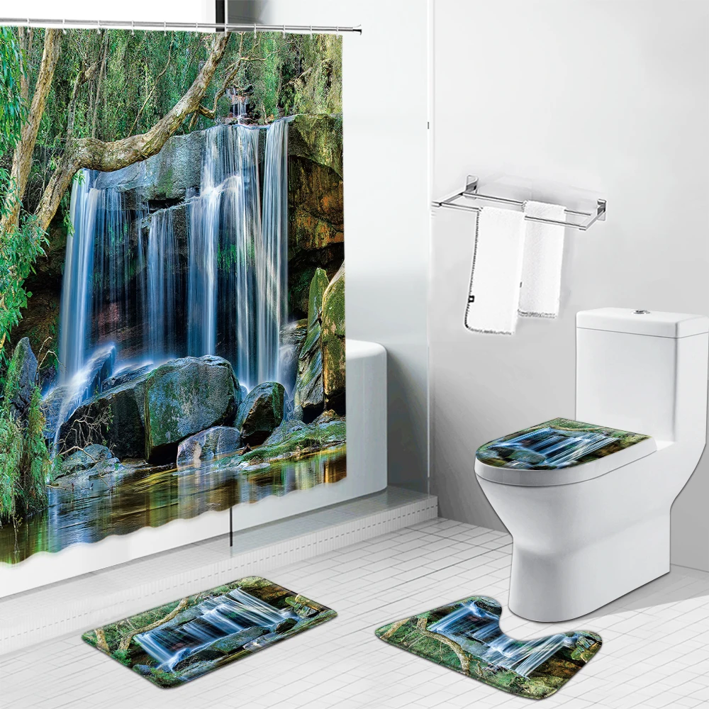 

3D Waterfall Forest Trees Scenery Shower Curtain With Hook Bathroom Curtains Bath Mat Set Pedestal Rug Lid Toilet Cover Non-Slip