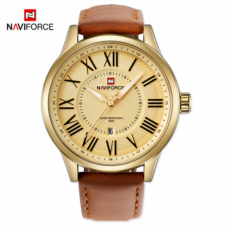 Gold Borwn NAVIFORCE, модные часы, брендовые Мужские Аналоговые кварцевые часы, мужские кожаные спортивные водонепроницаемые золотые наручные часы, мужские часы - Цвет: Gold Borwn