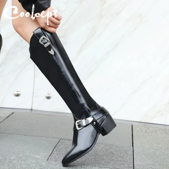 

Coolcept Women Knee High Boots Fashion Zipper Winter Shoes Woman Warm Long Boot Office Metal Buckle Woman Footwear Size 32-43