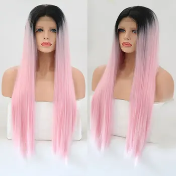 

Synthetic 13*3 Lace Front Wig Black Roots Ombre Pink Long Straight Heat Resistant Fiber Hair Middle Parting For Women Daily Wigs