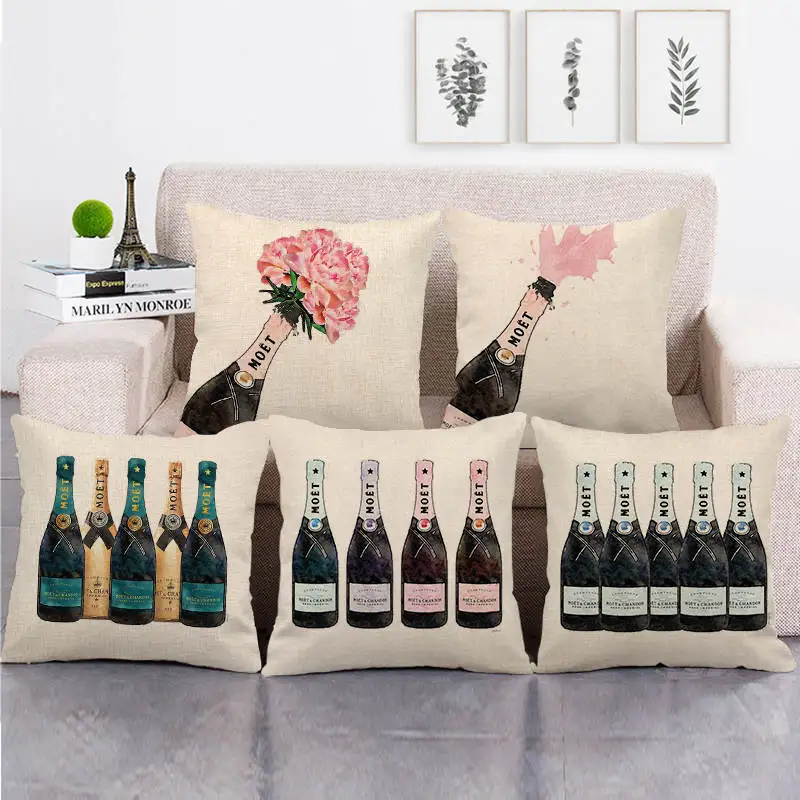 

45cm*45cm watercolor wine bottle design linen/cotton throw pillow covers couch cushion cover home decor pillow