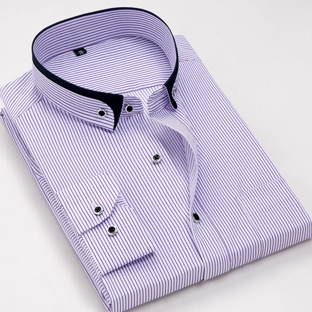 Весна и осень длинный рукав Camisa Masculina высокое качество бренд Полосатый сплошной цвет Мода Бизнес Повседневная круглая пуговица Fit