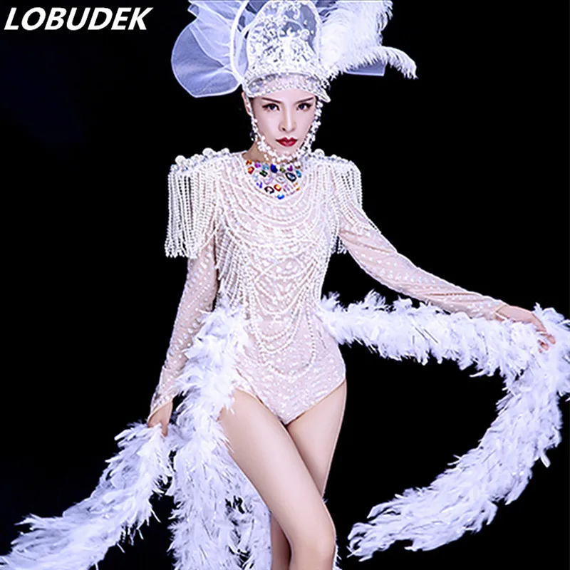 

Lady Singer Dancer Concert Stage Wear White Beading Rhinestones Bodysuit Feather Tail Show Outfit Model Catwalk Performance Wear