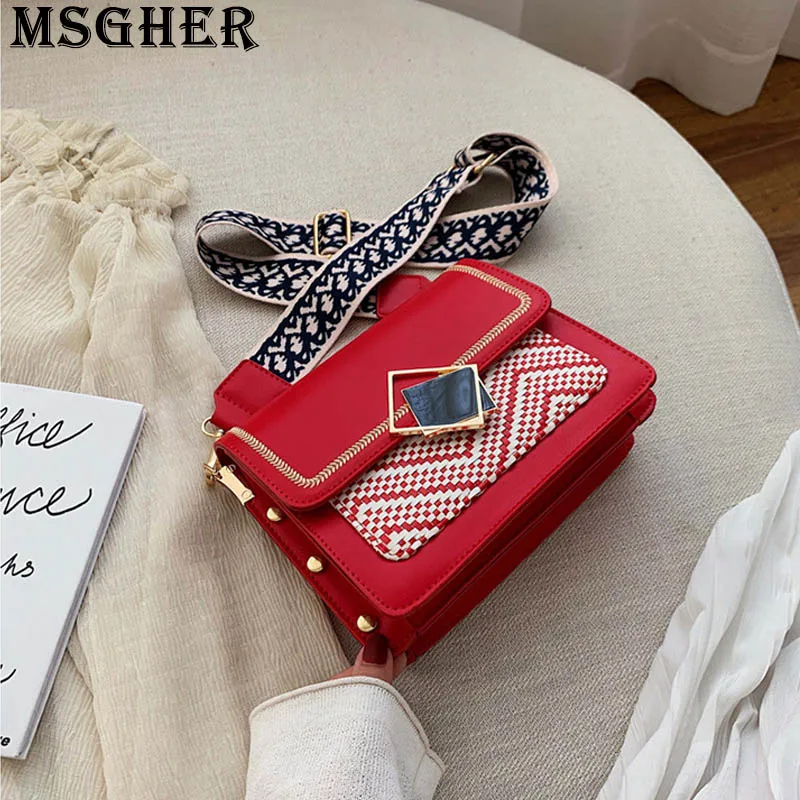 

MSGHER Panelled Thread Plaid Rivet Flap Women Shoulder Bag Wild Canvas Emboridery Bohemian Style Texture Girl Bag WB3004