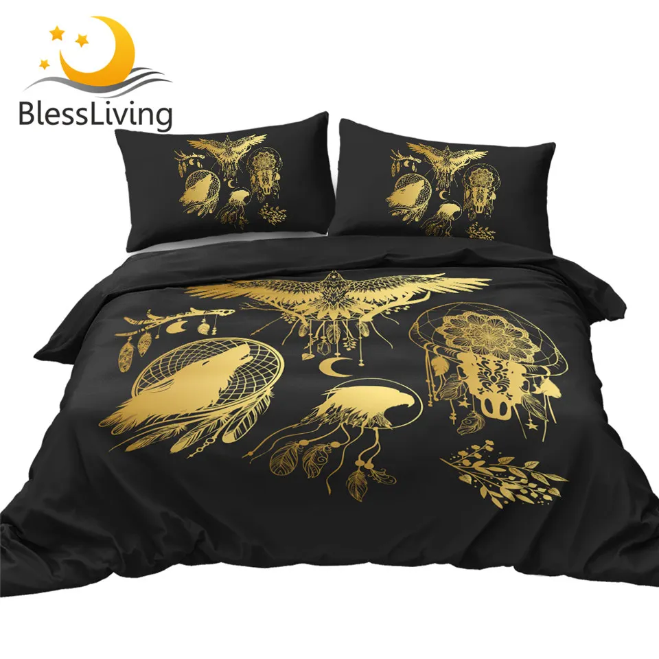 

BlessLiving Eagle Duvet Cover Set Dreamcatcher Comforter Cover Golden Black Bedclothes Bohemian Home Textile Feather Bedding Set