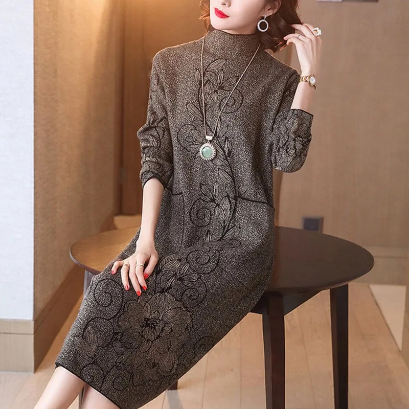 

2021 Autumn And Winter New One-Piece Jacquard Knitted Women Vintage Warm Sweater Dress Lady Elegant Loose Turtleneck Dress