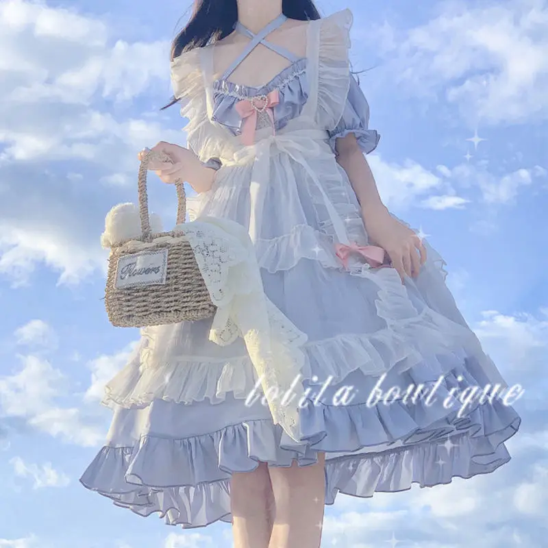Lolita Kawaii Dress Bowknot Pure Color Flashing Sweetheart Maid Sp French Square Neck Puff Sleeve Dress