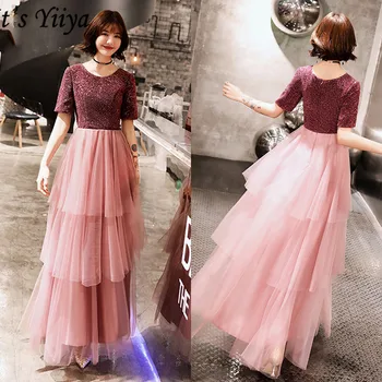 

It's Yiiya Eveing Gowns Vintage Sequined Patchwork Zipper Short Sleeve Robe De Soiree LF150 A-Line O-Neck Women Party Dresses