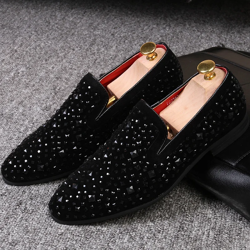 Men Shoes Spikes Casual Black High-Quality New-Brand Metal Denim Loafers Sequins